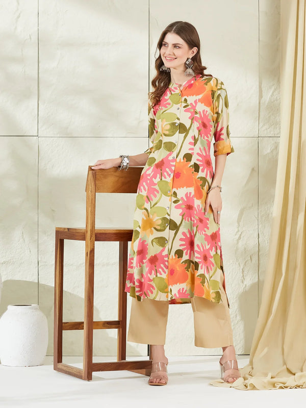 Cream Rayon A-Line Kurta