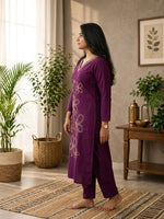 Paimara Plum Purple Floral Embroidery Dabu Cotton Co-ord Set with Pocket thumbnail 1