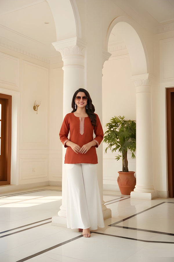 Rust Orange Embroidered Roman Silk Fancy Top