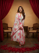 White Floral Printed Anarkali Kurta with Dupatta thumbnail 2