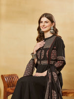Black Floral Print Cotton Anarkali Kurta Sets With Dupatta thumbnail 1