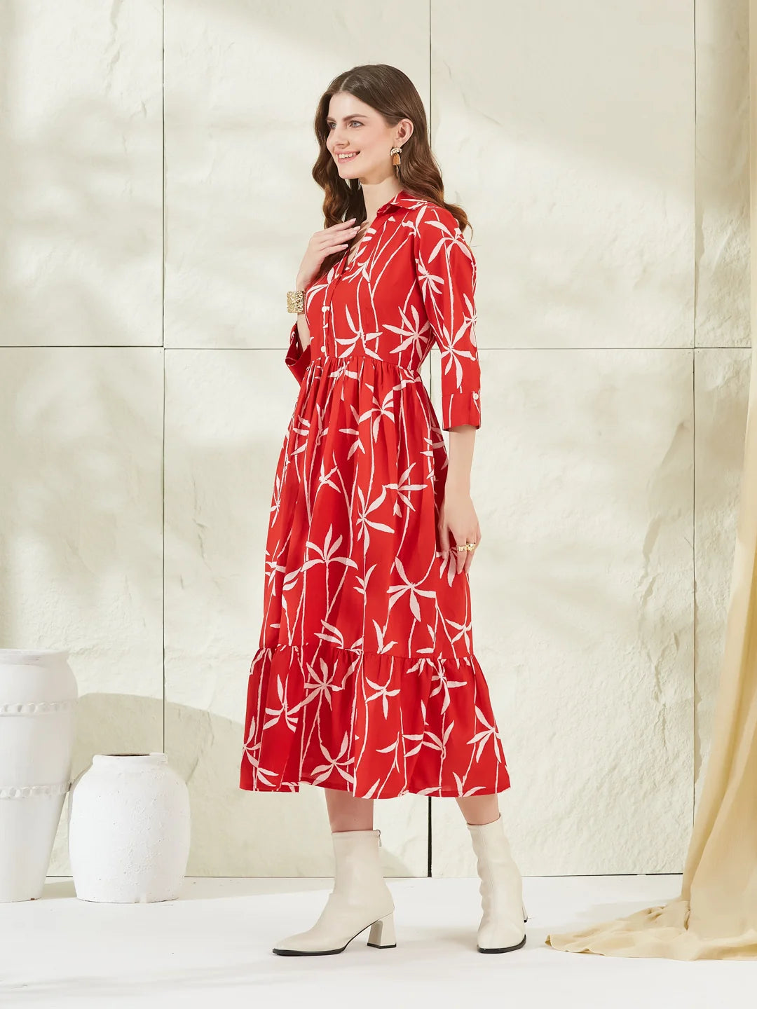 Red Cotton Shirt Coller Midi Dress