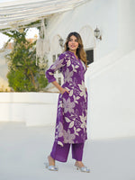 Purple V Neck A-Line Cotton Kurta Pant Sets thumbnail 7
