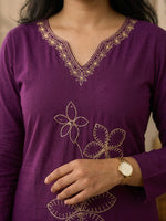 Paimara Plum Purple Floral Embroidery Dabu Cotton Co-ord Set with Pocket thumbnail 4