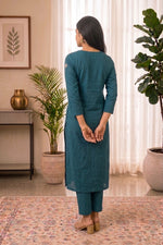 Paimara Teal Blue Lotus Floral Embroidered Dabu Cotton Co-ord Set thumbnail 3