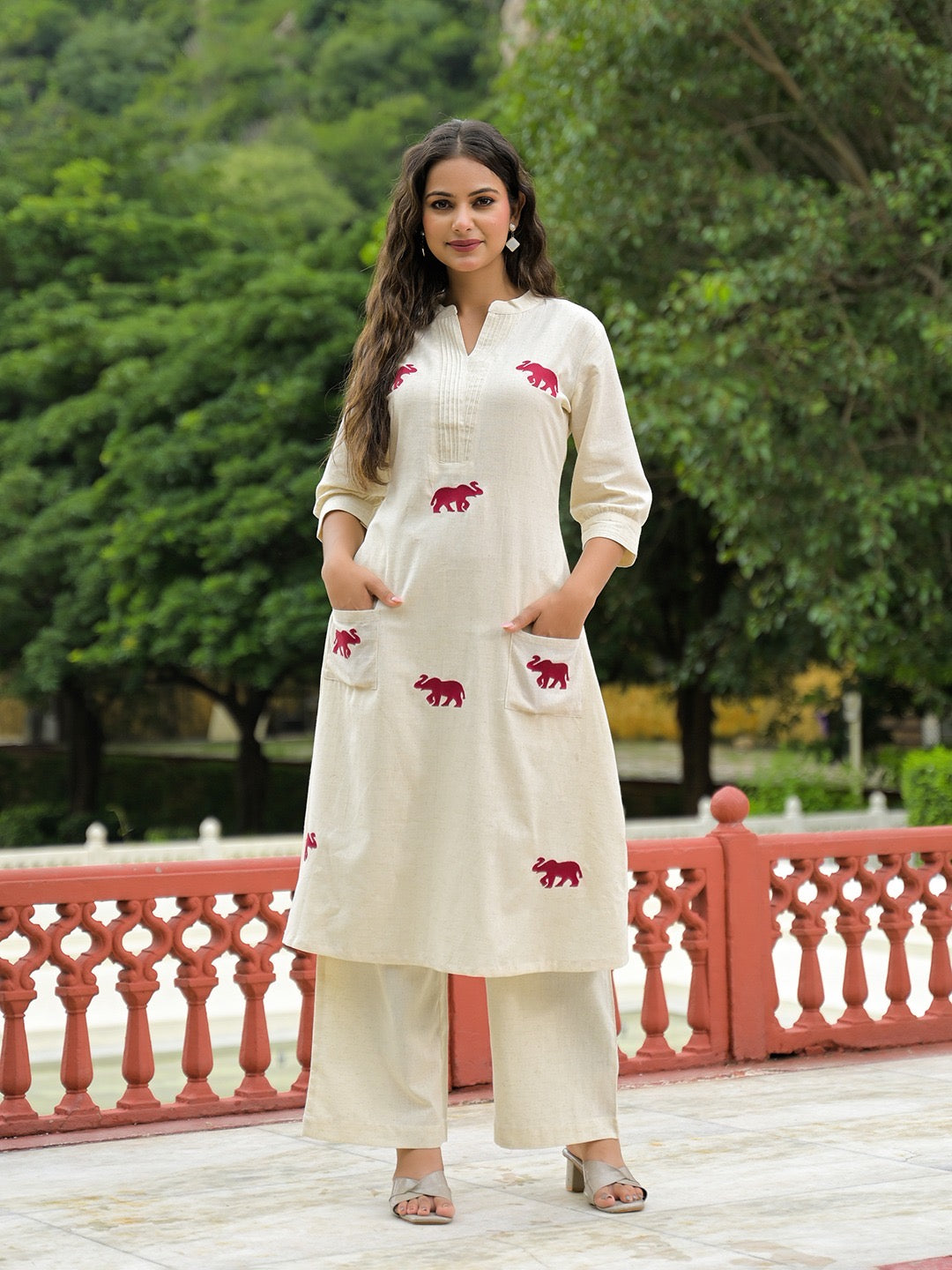 Off White Embroidered A-line Kurta Plazzo Sets