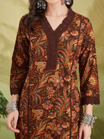 Brown Floral Printed Pure Cotton Straight Fit  Kurta with Pants thumbnail 4