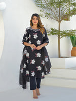 Black Round Neck Floral Cotton Straight Kurta Pant Set With Dupatta thumbnail 4