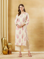 Pink Cotton Zari Work Kurta Pant Set With Dupatta thumbnail 2