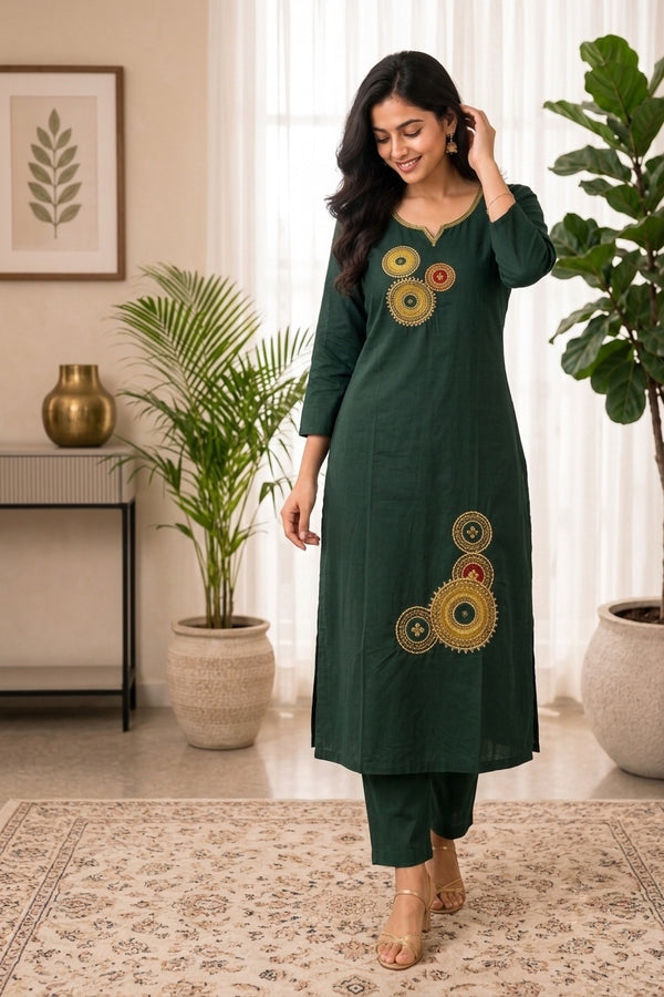 Paimara Green Vintage Mandala Embroidered Dabu Cotton Co-ord Set