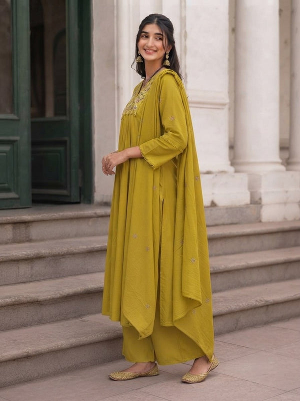 Yellow Cotton Embroidered Kurta Set with Pure Cotton Dupatta