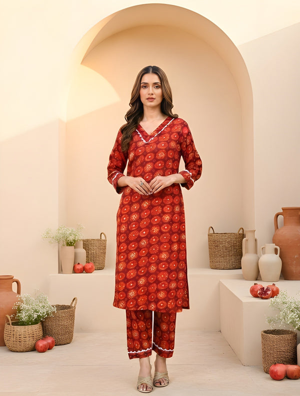 Red Gota Pati Printed Kurti Pant Set