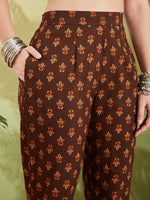 Brown Floral Printed Pure Cotton Straight Fit  Kurta with Pants thumbnail 1
