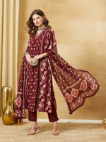 Maroon Floral Print Cotton A-Line Kurta Sets With Dupatta thumbnail 3