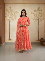 Peach Floral Printed A-Line Kurta with Dupatta thumbnail 2