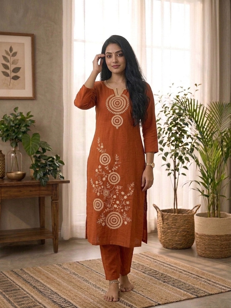 Paimara Terracotta Medallion Embroidered Dabu Cotton Co-ord Set with Pocket