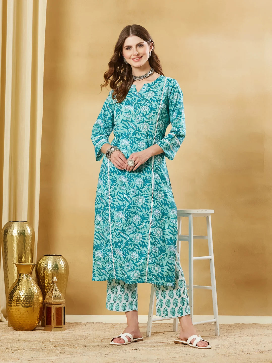 Torquise Blue Cotton Kurta Pant Set