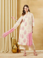 Pink Cotton Zari Work Kurta Pant Set With Dupatta thumbnail 3