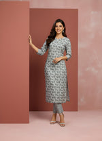 Grey Pure Cotton Leaf Printed Kurthi thumbnail 1