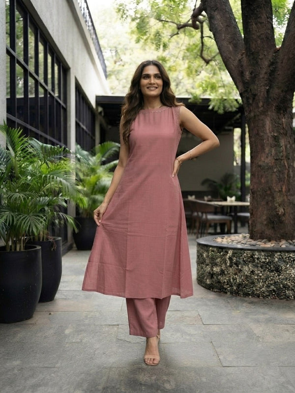 Peach Soft Cotton Solid Kurta Palazzo Set
