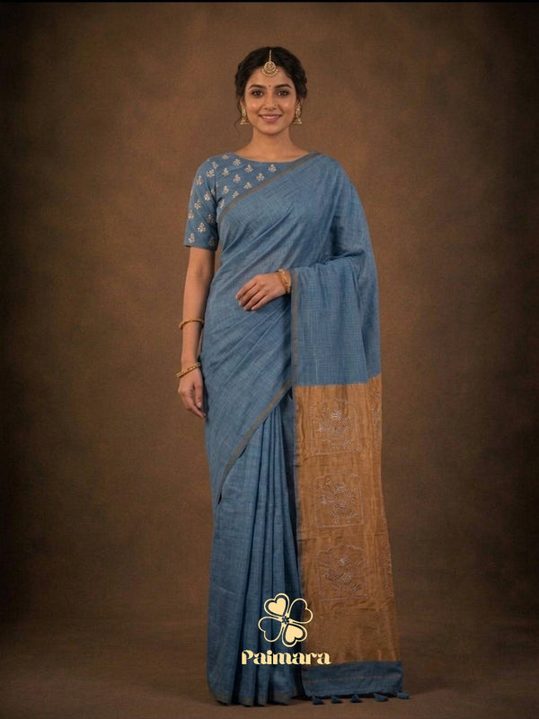 Sky blue mul cotton saree