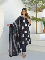 Black Round Neck Floral Cotton Straight Kurta Pant Set With Dupatta thumbnail 6