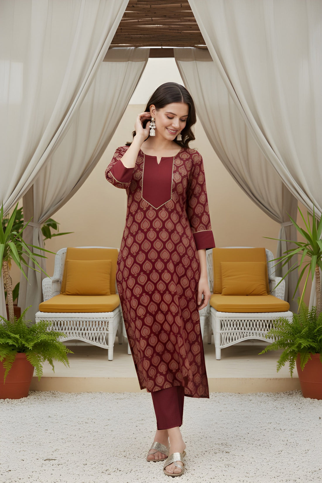 Maroon Cotton Printed Straight Kurta Pant Set