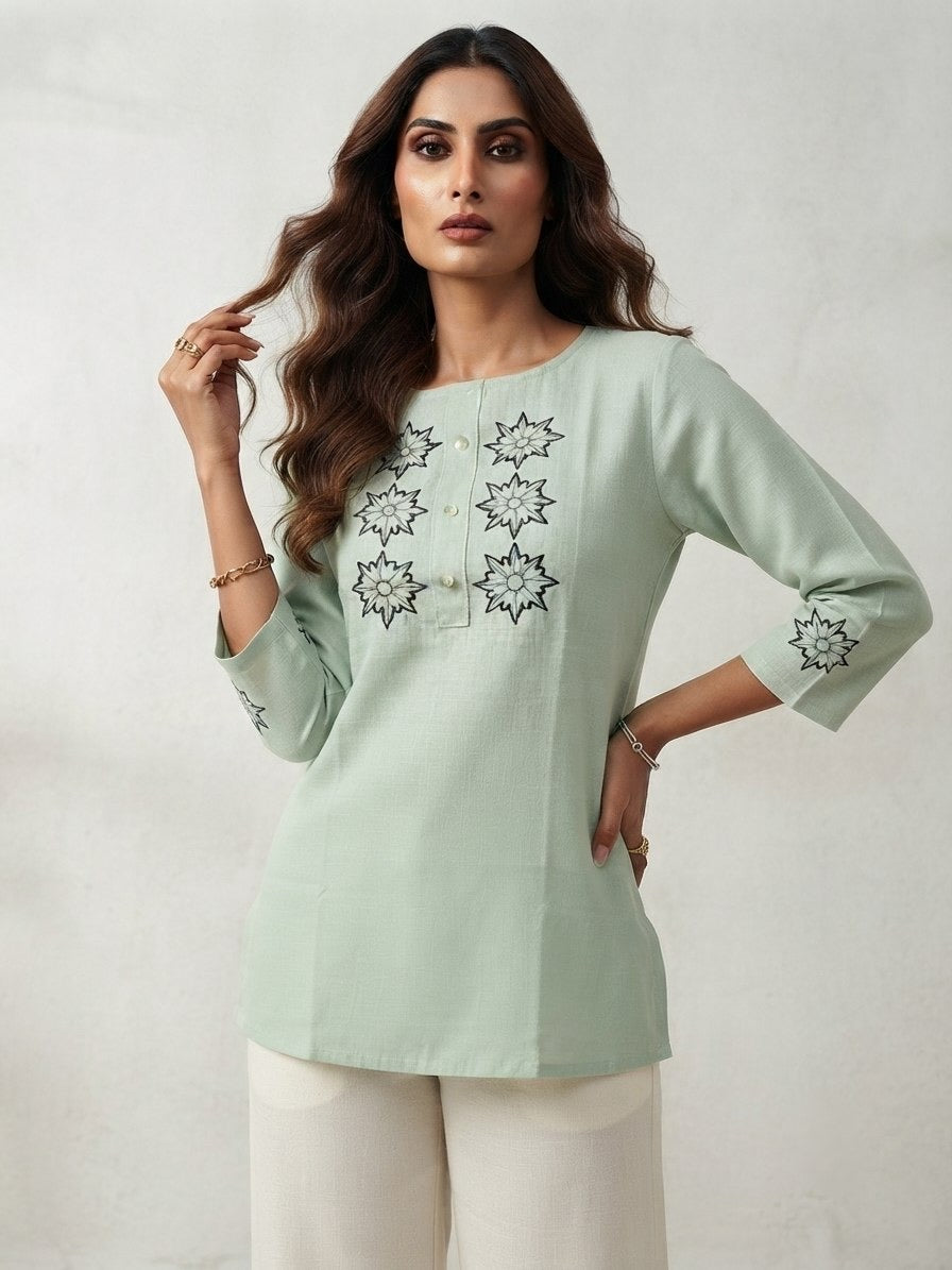 Sage Green Linen-Cotton Embroidered Top