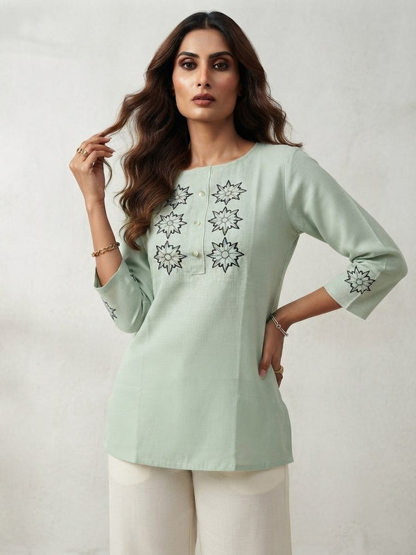 Sage Green Linen-Cotton Embroidered Top