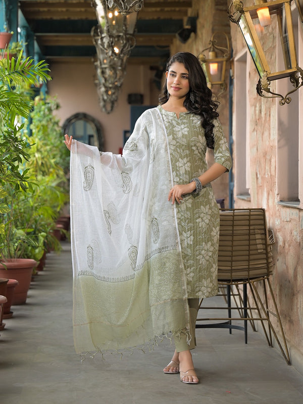 Paimara Olive Green Kurta Pant with Dupatta