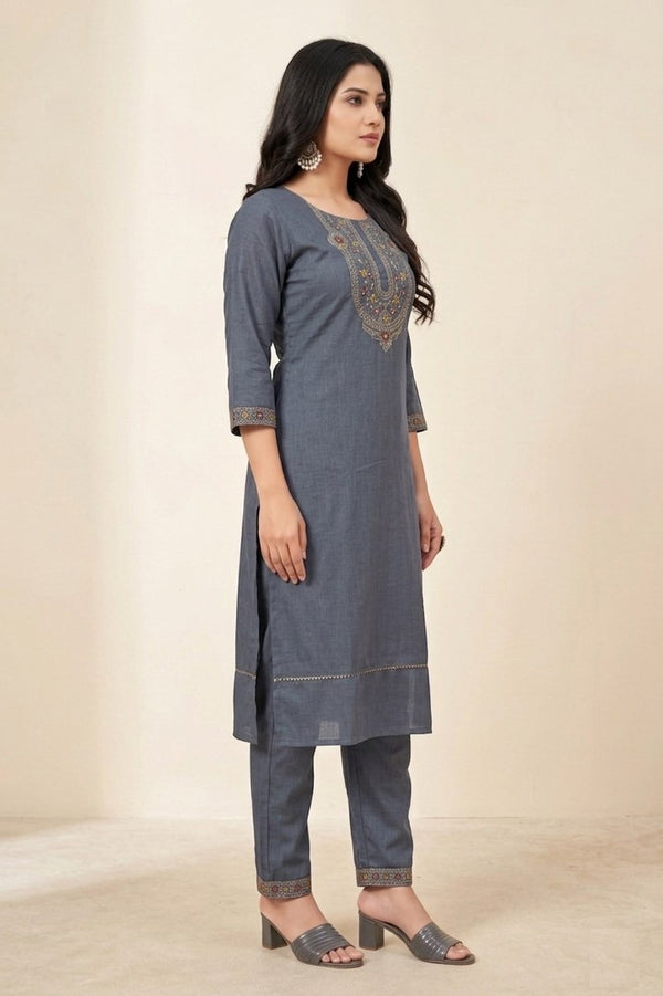 Grey Ethnic Motifs Yoke Designed Straight Kurta-pant