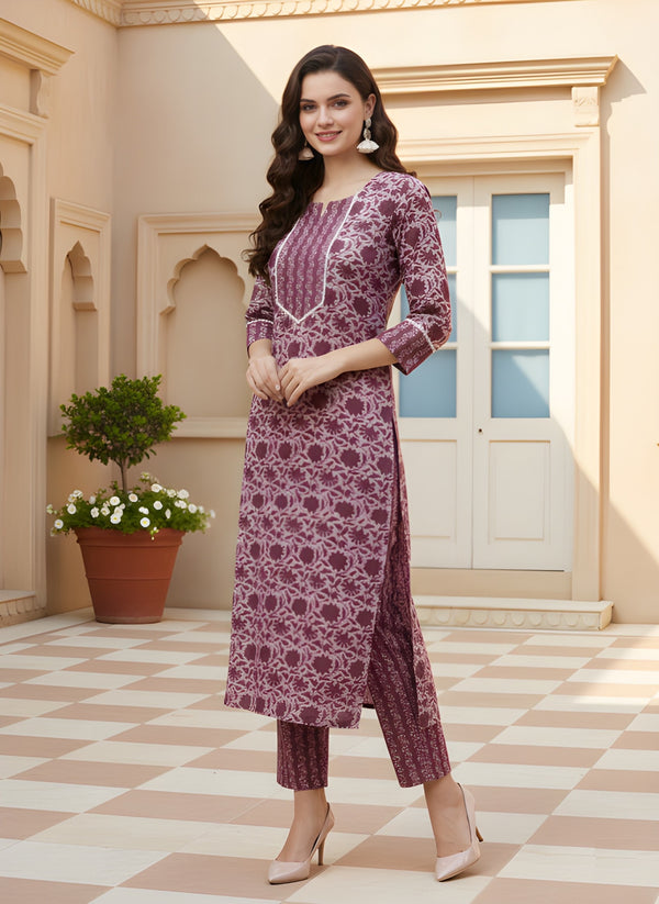 Purple Cotton Printed Straight Kurta-pant