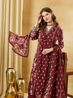 Maroon Floral Print Cotton A-Line Kurta Sets With Dupatta thumbnail 2