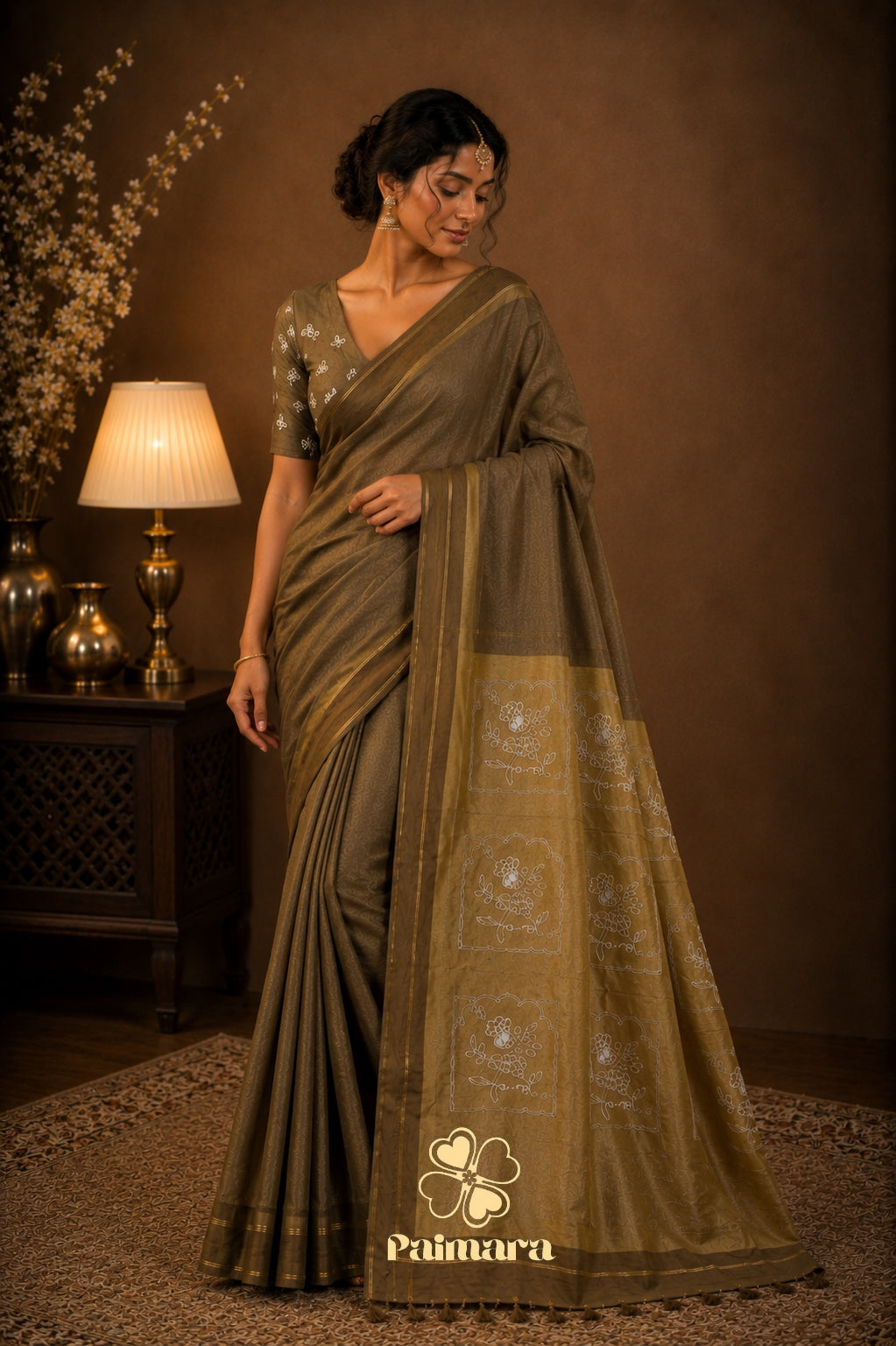 Olive green mul cotton saree