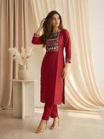 Maroon Printed Neck Kurti with Pant set thumbnail 1