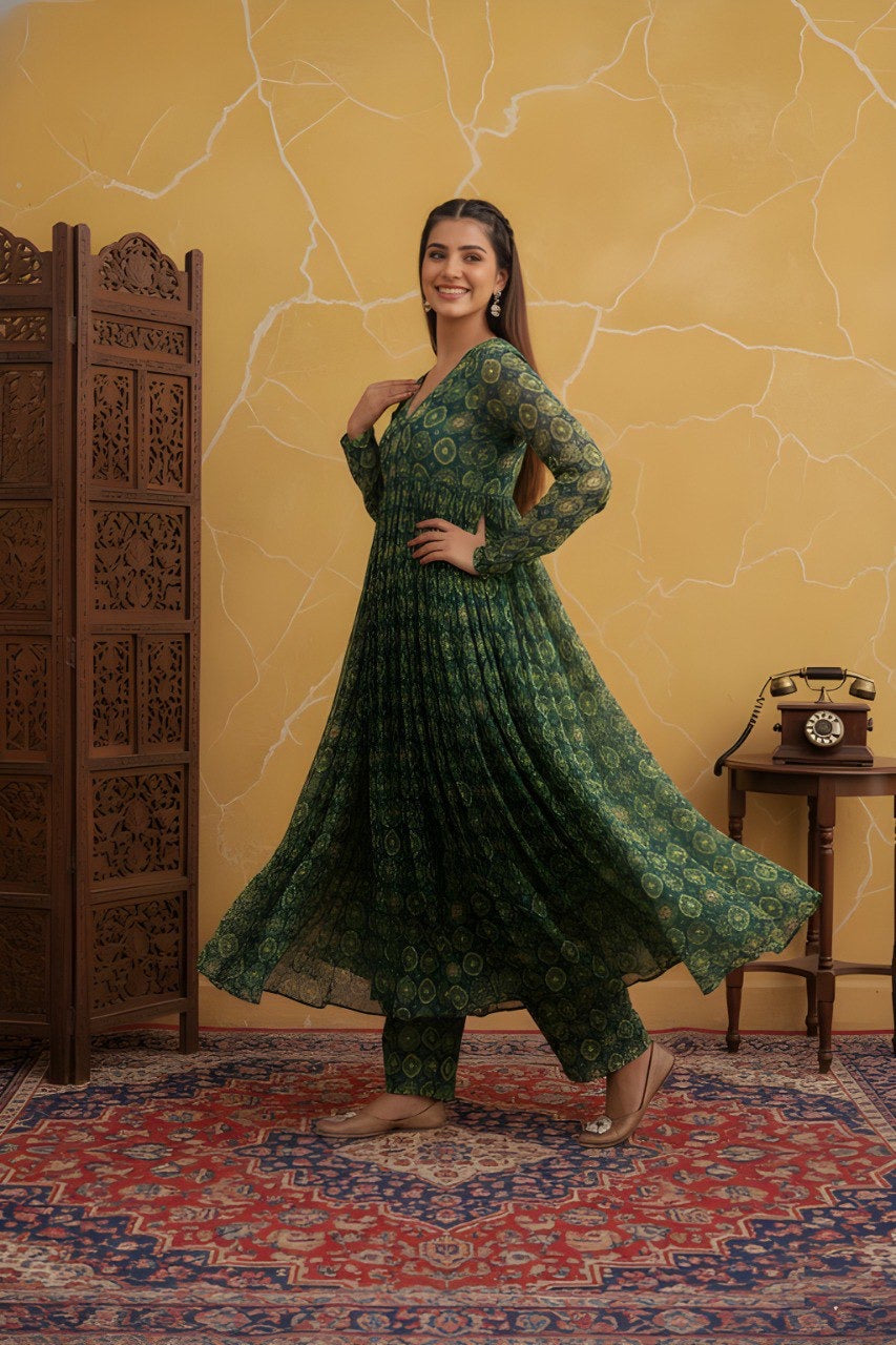 Green Foil Printed Flared Kurta Pant Set