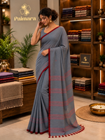 Grey with Red Border Pure Handloom cottton saree thumbnail 3