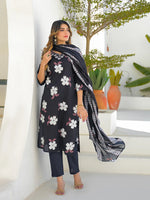 Black Round Neck Floral Cotton Straight Kurta Pant Set With Dupatta thumbnail 2