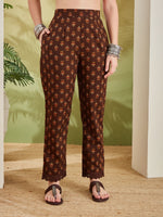 Brown Floral Printed Pure Cotton Straight Fit  Kurta with Pants thumbnail 2