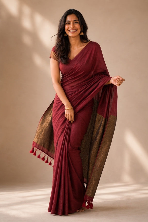 Maroon  khadi cotton saree