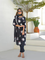 Black Round Neck Floral Cotton Straight Kurta Pant Set With Dupatta thumbnail 1