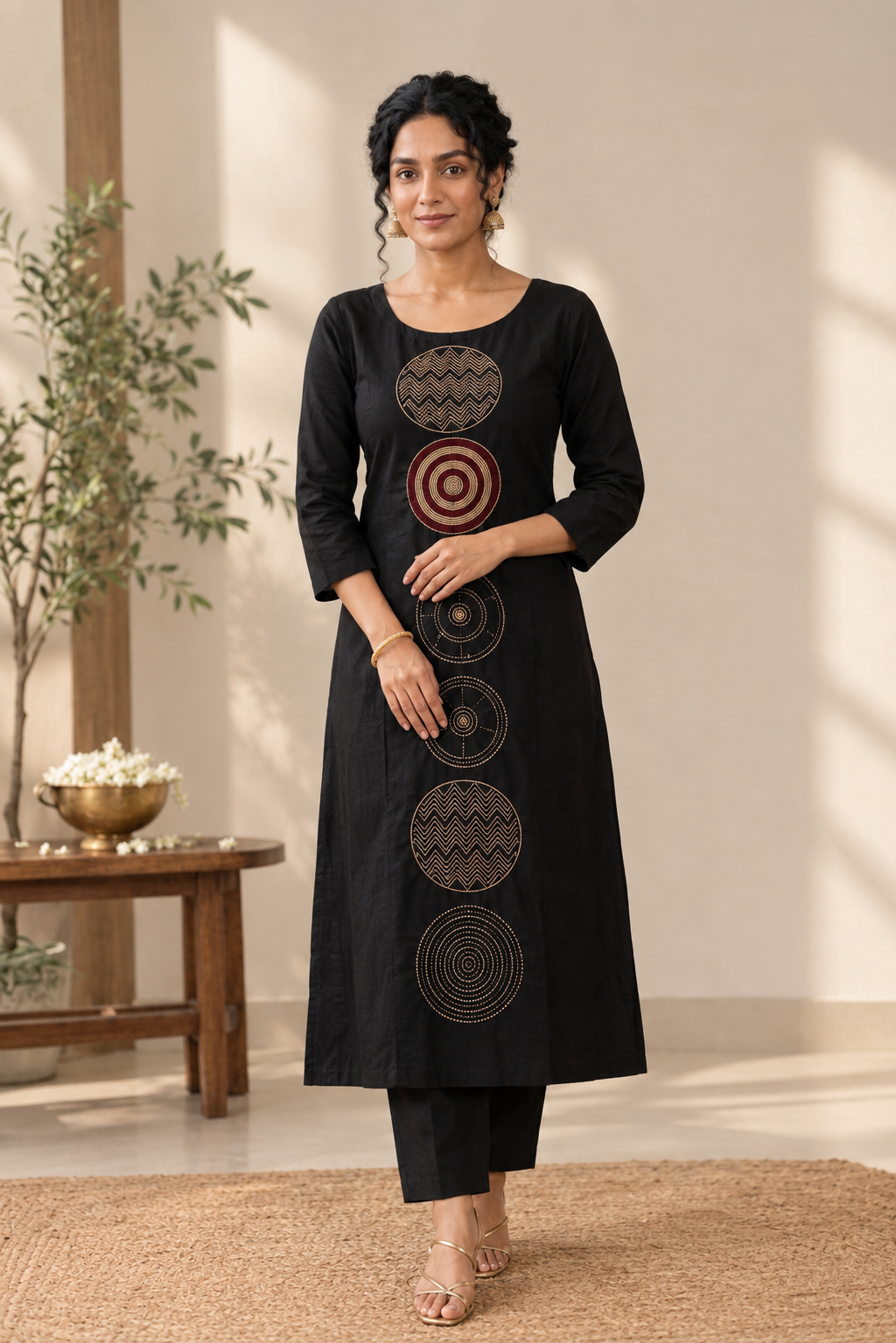 Black Chakra Embroidered Cotton Kurthi Co-ord Set