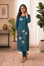 Paimara Teal Blue Lotus Floral Embroidered Dabu Cotton Co-ord Set thumbnail 1