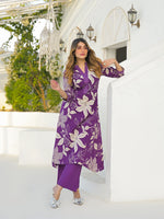 Purple V Neck A-Line Cotton Kurta Pant Sets thumbnail 3