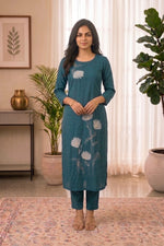 Paimara Teal Blue Lotus Floral Embroidered Dabu Cotton Co-ord Set thumbnail 4