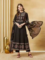Black Floral Print Cotton Anarkali Kurta Sets With Dupatta thumbnail 3