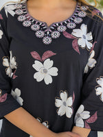 Black Round Neck Floral Cotton Straight Kurta Pant Set With Dupatta thumbnail 3