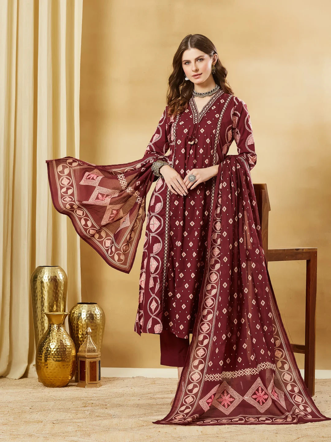 Maroon Floral Print Cotton A-Line Kurta Sets With Dupatta