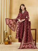 Maroon Floral Print Cotton A-Line Kurta Sets With Dupatta thumbnail 1