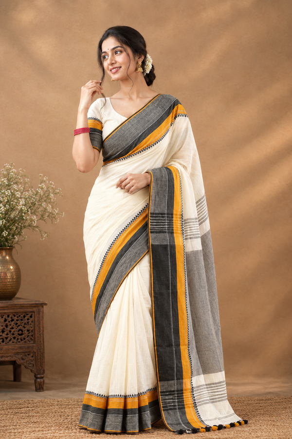 Paimara Ivory White Bengal Pure Cotton Saree